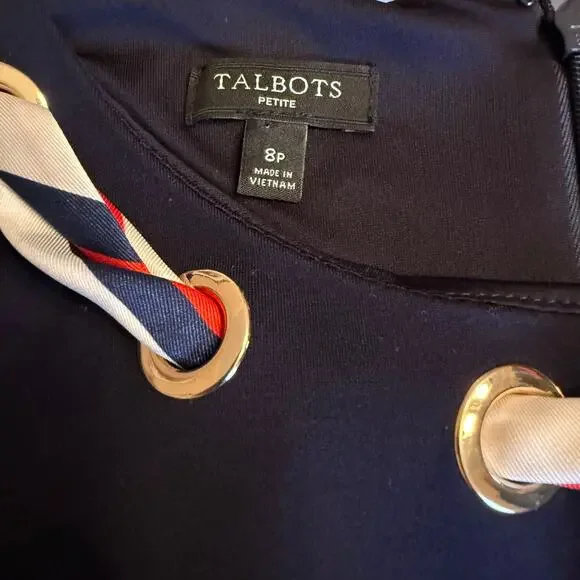Talbots Ponte Fit & Flare Dress Navy Nautical USA Scarf Detail 8P EUC - Picture 4 of 5